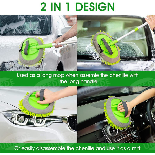 2 i 1 Chenille mikrofiber bilvaskmoppehandske med aluminiumslegering langt håndtag, justerbar bilvask Ridsefri rengøringsværktøj Støvbørste til vask Tr