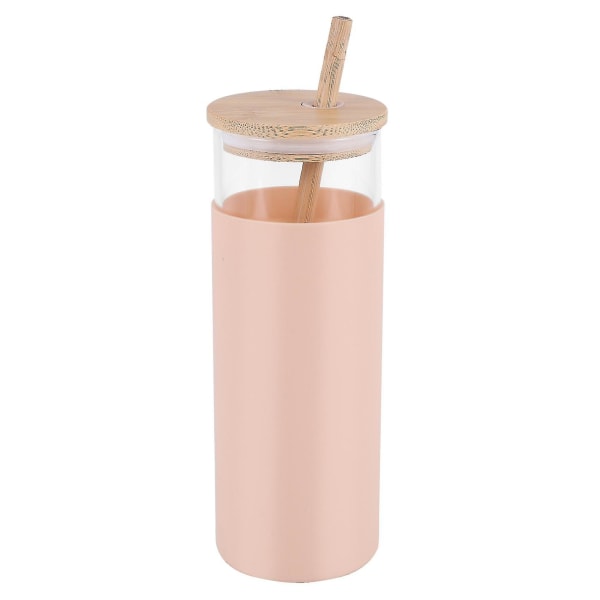 17 oz glassglass Bærbar vannflaske i glass Halm Silikon Beskyttelseshylse Bambuslokk-rosa