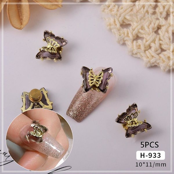 5-pack Fjärilsnaglar Smycken Charms Kristall 3d Snurrande Fjärilscharms H937
