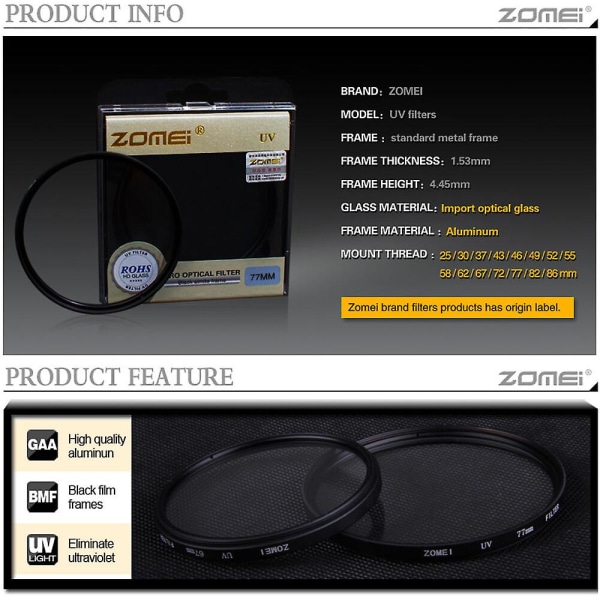Zomei 62mm ekte ultrafiolett Uv-filter linsebeskytter for Canon Nikon-kamera