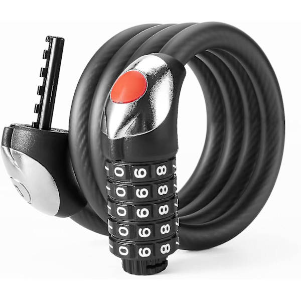 Cykellås med kabel, cykellås 1,8 meter, cykellås med 5-cifret LED-lyskombination, sort - ideel til MTB-cykel, motorcykel, scooter, døre, porte