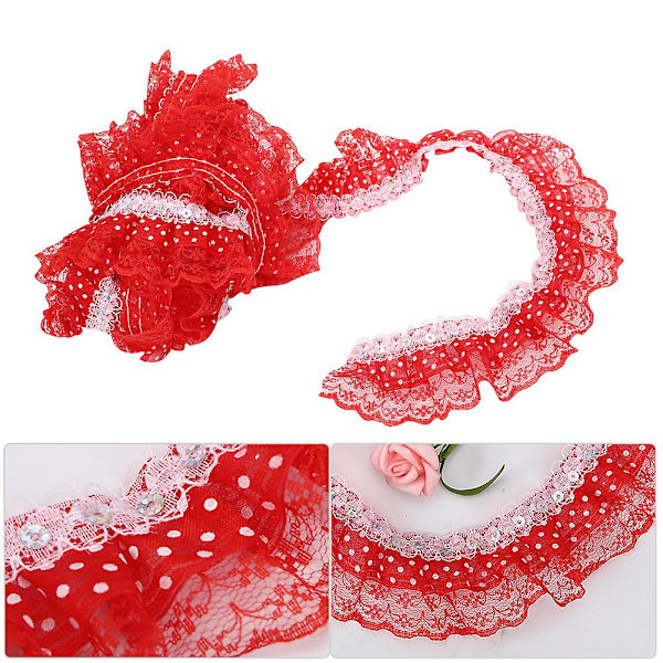 Rød 45mm plisseret trim mesh blonderbånd med trykte prikker og pailletter broderi - 5 meter, DIY håndværk