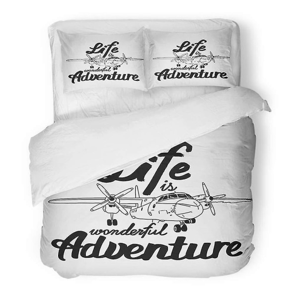 3-delt sengesæt Air Life Is Wonderful Adventure Med Fly Fly Aviation Badge Kalligrafi Dynebetræk med 2 pudebetræk