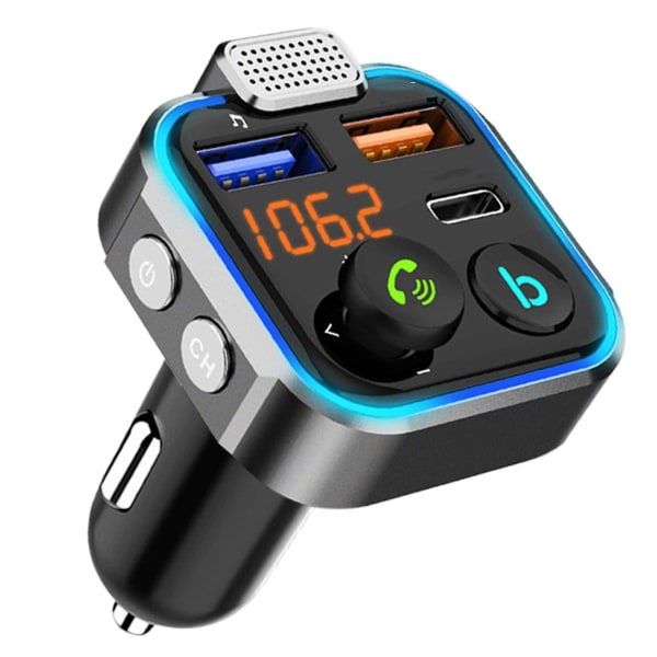 Fm-sender Bluetooth V5.0 Bilradio Deep Bass Musikkadapter Håndfri Billader Med Doble Usb-porter Pd Type C Qc 3.0 Usb Hurtiglading Med Blå