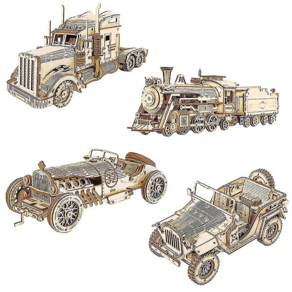 Træ mekaniske tog modelsæt 3d køretøj puslespil pædagogisk samle legetøj