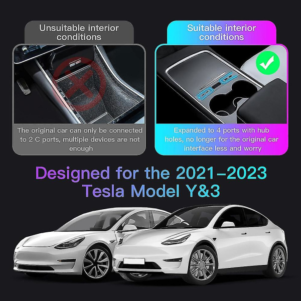 Med bländare för Tesla Model 3 Y 2021 2022 2023 27w snabbladdare USB Shunt Hub Intelligent dockningsstation Biltillbehör