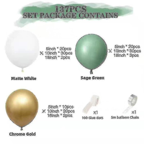 137 stk Grøn hvid farve latex ballon sæt fødselsdagsfest dekoration og bryllup tilbehør