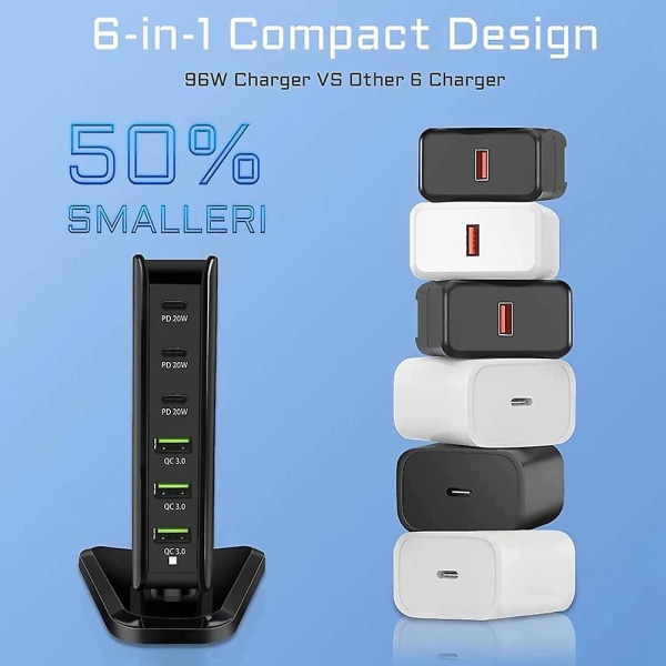 6-port USB C ladestation, multiport med 3 USB-C+3 USB-A, bærbar hurtigopladerhub til , 14, E