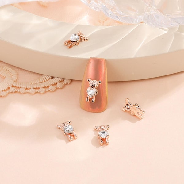 Björns nagelkonstdekoration 3d söt björn nagelcharm kristall björnformade strass björn nageldekorationer manikyrspetsar dekor S Rose gold