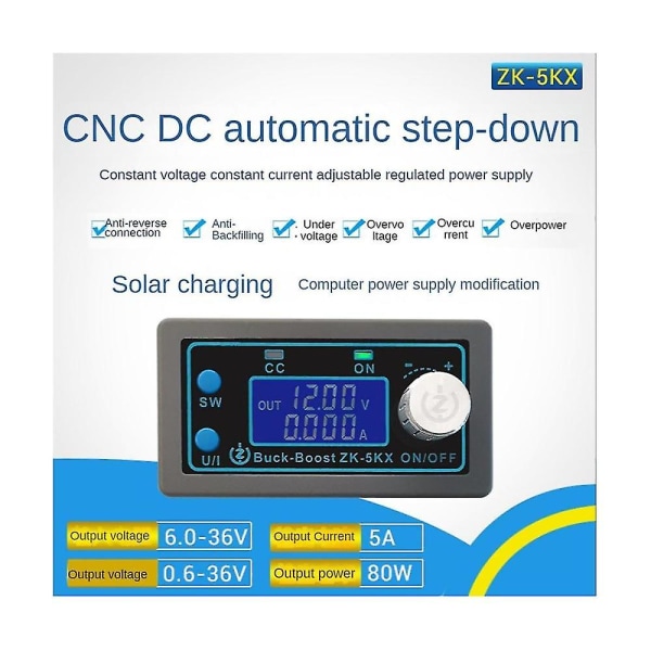 -5kx DC-DC Boost-muunnin CC CV 0,6-36V 5A 80W Tehomoduuli Säädettävä Säädetty Laboratoriovirtalähde