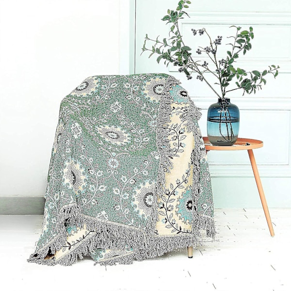 Bomullsfilt Boho 150x200cm, Dubbelsidig vävd sängöverkast med fransar Soffa filt Arm