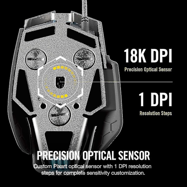 M65 Rgb Elite kablet Fps og Moba spillmus med justerbar vekt og balanse, holdbar aluminiumsramme, 18000 Dpi optisk sensor, svart
