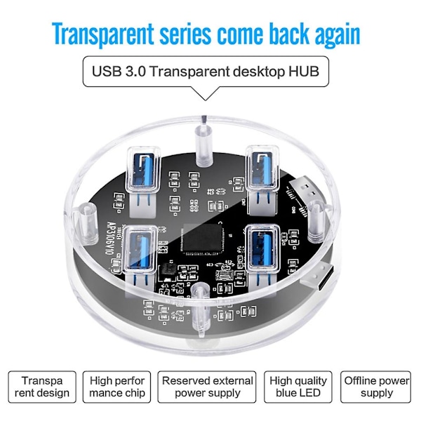 4-porttinen USB-keskitin, USB 3.0, läpinäkyvä virtalaturi, 5 Gbps, kannettava USB-jakaja
