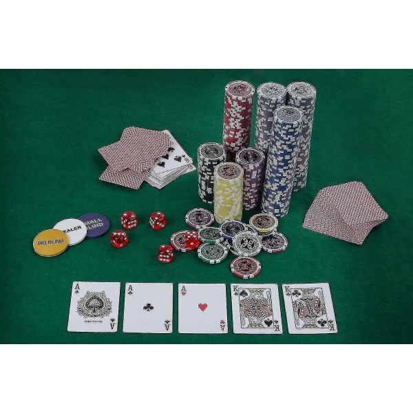 300 bitar Texas Holdem pokermarker Set med case , 2 kortlekar, dealer, Small Blind, Big Blind-knappar och 5 tärningar (300 bitars marker)