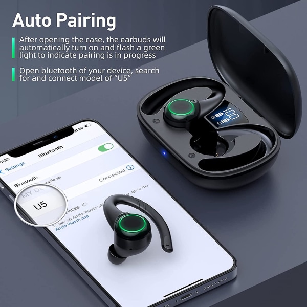 Bluetooth-hodetelefoner Trådløse ørepropper, øretelefoner med ørekroker, dobbel LED-skjerm, vanntette ørepropper med mikrofon