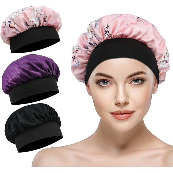 Satin Bonnet Sleep Cap, 3 Pack Night Head Cover for kvinner