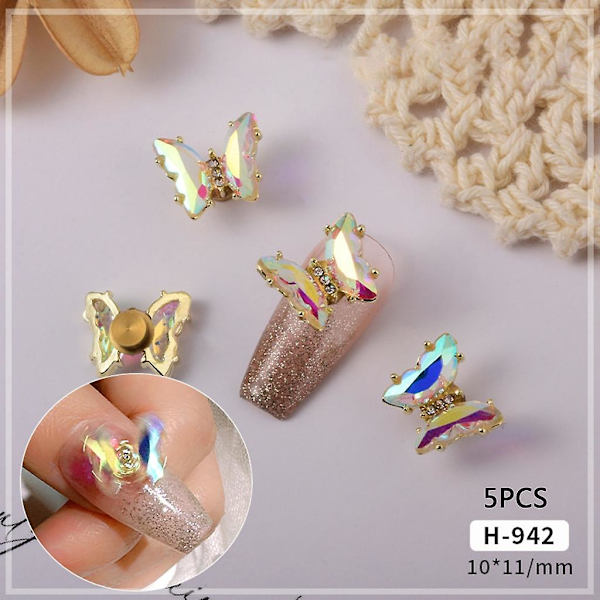 5-pak sommerfugl neglekunst smykker charms krystal 3d roterende sommerfugl charms H942