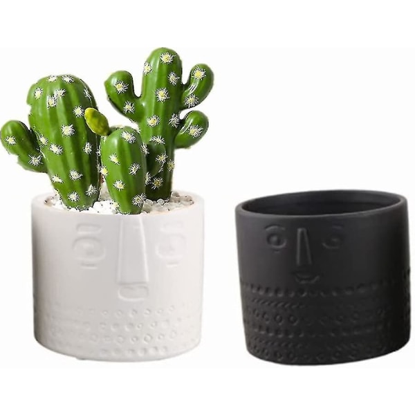 Sæt med 2 keramiske blomsterpotter til sukkulenter - Ansigtsdesign - Til stue, kontor - Hvid + Sort