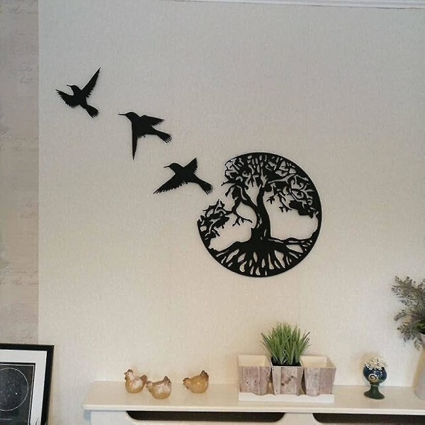 Musta metallinen elämänpuu -seinätaide - 3 lentävän linnun seinäveistos - moderni pyöreän seinän sisustus