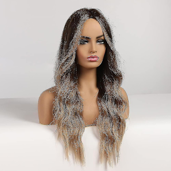 Brun Blond Parykk for Kvinner Lang Blond Parykk Blond Bølget Parykk Lang Bølget Midtdel Parykk Varmebestandig