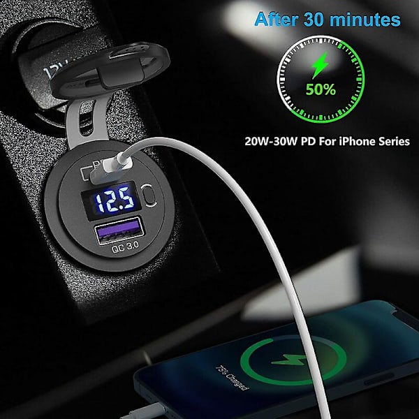 48w Usb C Billader til Bil, 12v/24v Pd&qc 3.0 Bilstikkontakt Med Led Voltmeter Og Tænd/sluk-knap Hurtig Billader