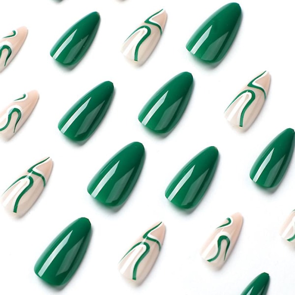 24-pack Damnaglar Ovala Gröna Vita Linjer Colorblock Waves för sommaren gör-det-själv-manikyrverktyg Heltäckande nagelklistermärken