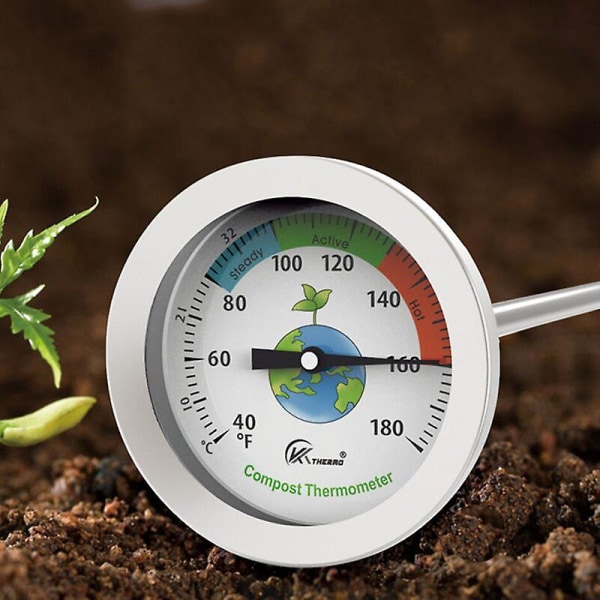 Komposttermometer - urskivetermometer i rustfritt stål for kompostering i hjemmet og hage - 54 mm diameter C & F skive, 500 mm temperatursonde kompostakselerasjon