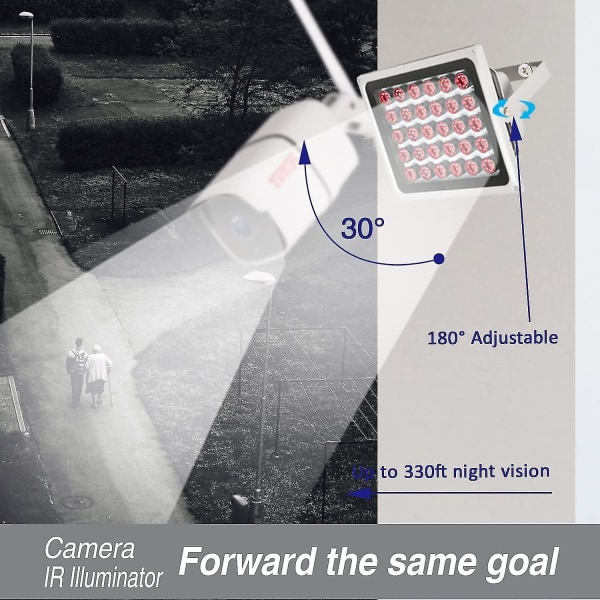 Ir-valaisin, pitkä kantama jopa 330 jalkaa/100m, 30 lediä 850 nm, infrapunavalo turvakameralle, vedenpitävä, automaattinen päälle/pois, metallikotelo, pitkä käyttöikä