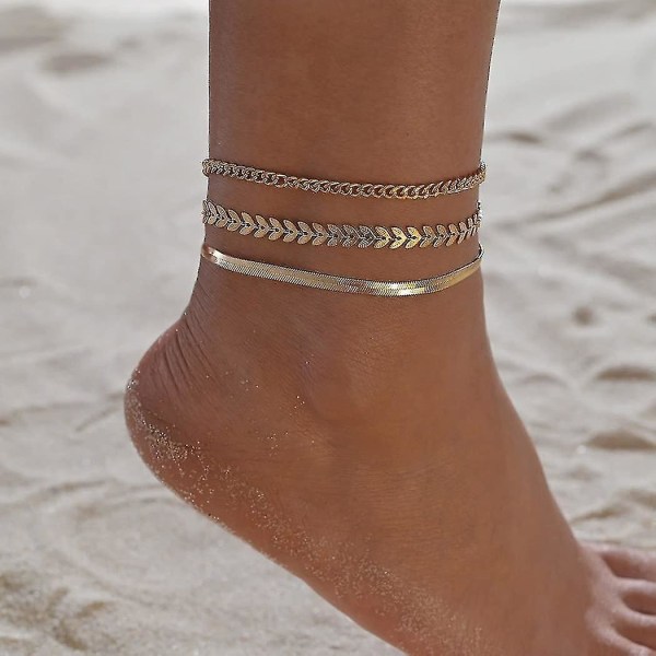Boho Leaf Anklet Gold Fishbone Ankelarmbånd Lagdelt Anklet Set Summer Beach