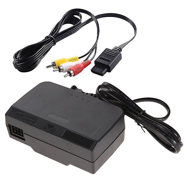 1 sett strømadapter videokabel strømadapter sikker praktisk strømforsyning kompatibel for N64 med EU-plugg (svart)