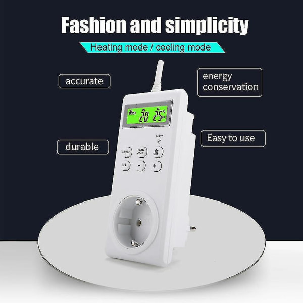 Programmerbar trådløs stikkontakt-termostat med temperaturstyring - Opvarmning og afkøling - Indbygget temperatursensor med LCD-baggrundsbelysning