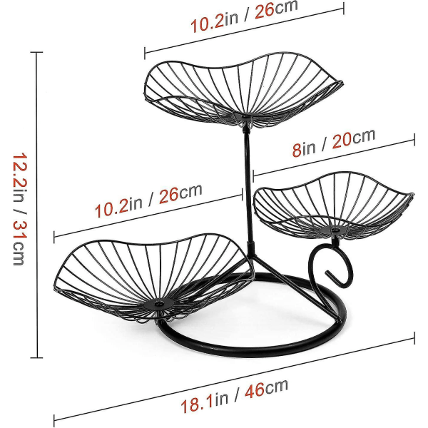 3-nivå fruktkurvholder, dekorativ fruktbolle stativ i moderne stil, enkel installasjon - svart