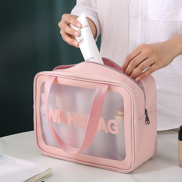 (Pink) 3-delt gennemsigtig makeuptaske, vandtæt toilettaske til swimmingpool, bad, rejse, plan