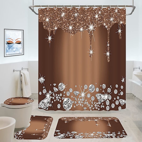4 st glitter diamant duschdraperisets, bruna glänsande droppar baddekor med mattor och toalettlock, kaffe lyxig textur färgglad bling modern Wa