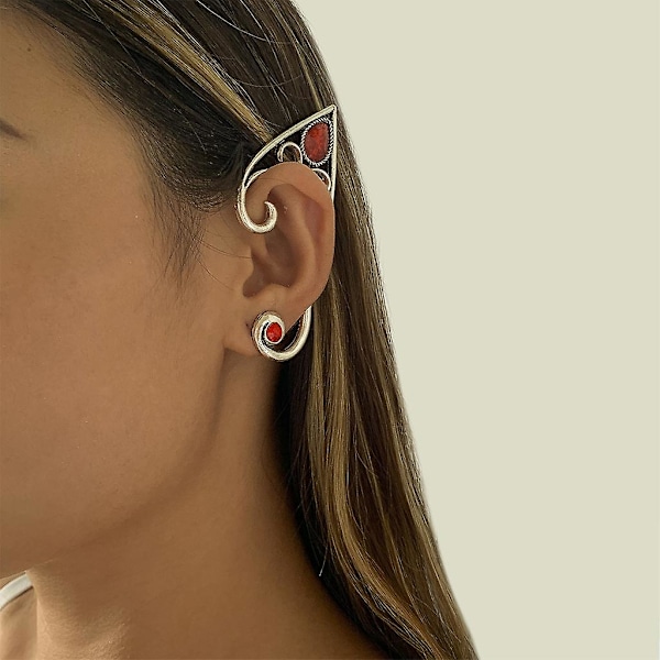 Retro Röd Ädelsten Kontur Legering Öra Hängande Öra Klipp Hål Ingen Pierced Öra Smycken
