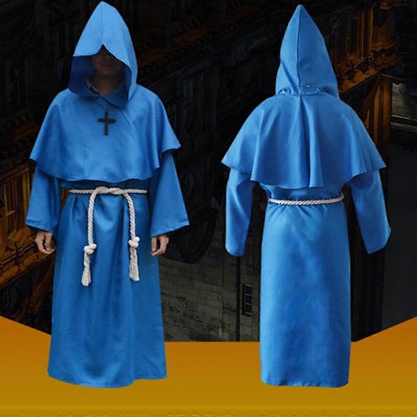 Vuxen Munk Huvad Klädnad Kappa Kåpa Friar Medeltida Präst Kostym Linglai blue l