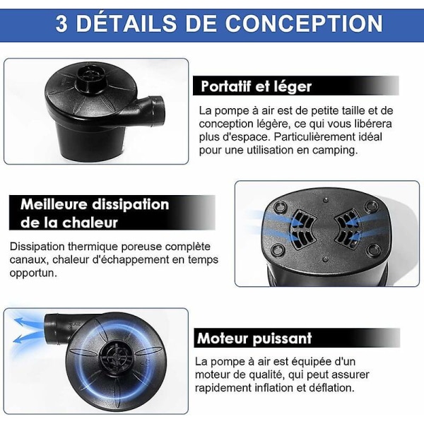 Elektrisk luftpumpe - Inflator Deflator Inflator med 3 dyser, 220v/dc 12v elektrisk vingepumpe, vingepumpe, trykkluftpumpe (1 stk)