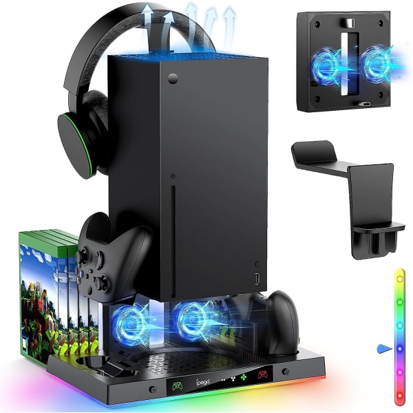 RGB-kylställ och kontrollladdare för Xbox Series X, laddstation med 15 RGB-ljuseffekter, med headset-hängare