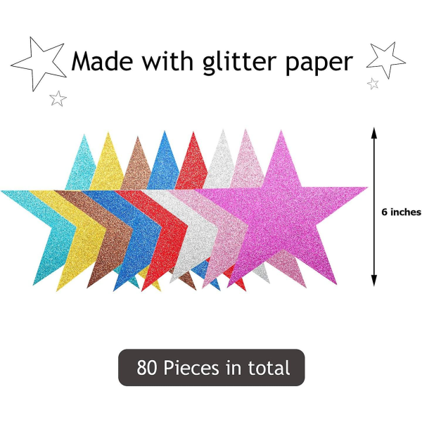80 kpl Glitter Star-leikkaukset Paperitähtikonfettileikkaukset ilmoitustaululle luokkahuoneen seinäjuhlakoristelutarvikkeet, pituus 6 tuumaa, 8 väriä