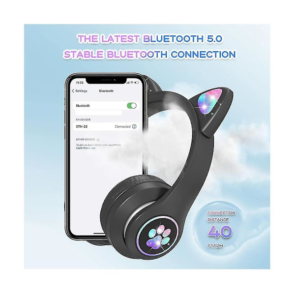 Lasten kuulokkeet mikrofonilla/rgb-led-valolla, Bluetooth-kuulokkeet /koulu/älypuhelin - musta