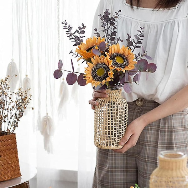 Glasblomvas med rottingöverdrag Blomknoppvas Rund dekorativ blomvas Blombehållare Lantlig blomflaska för blomsterarrangemang Hous