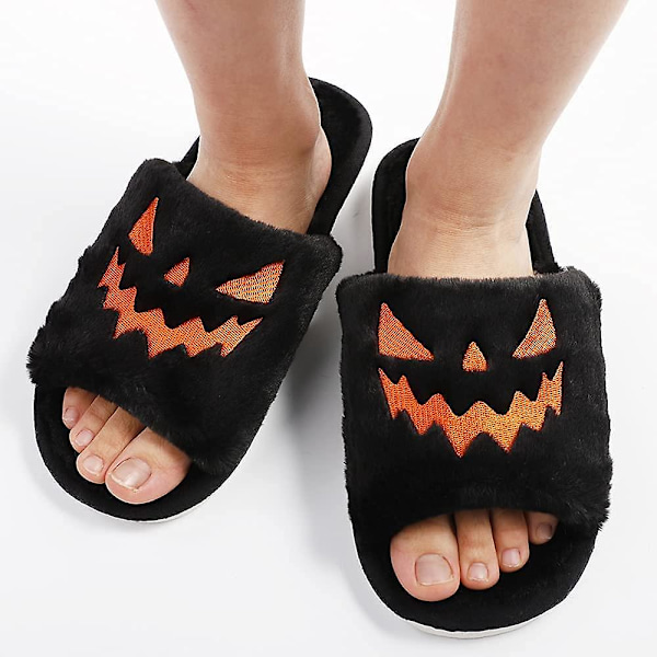 Halloween Spöklika Slides/halloween Pumpa Tofflor Mjuka Plysch Mysiga Öppna Tår Kvinnor Inomhus Utomhus Fuzzy Tofflor Unisex black eur35