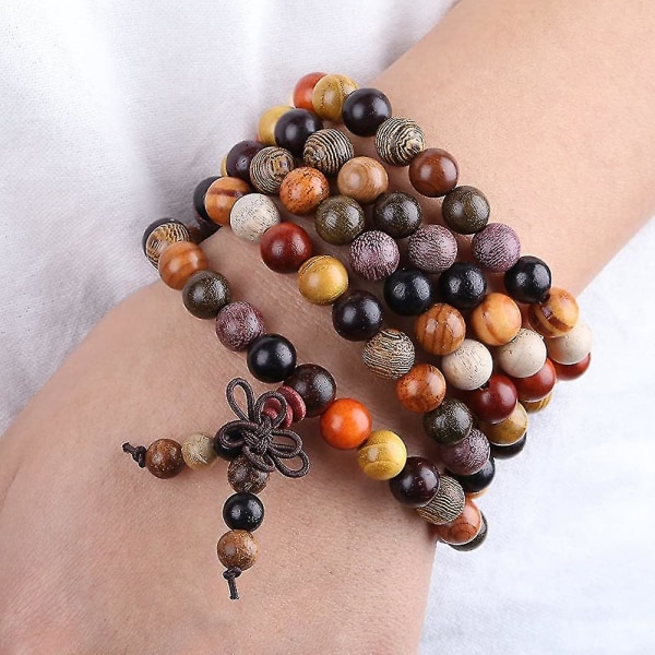 Natural Wood Wrap Armbånd For Heilwiy kvinner og menn, 108 Prayer Mala Beads Tibetansk halskjede gave