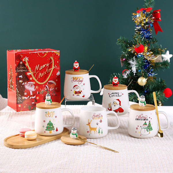 Kreativ Julekopp i Keramikk med Lopp og Skje, Tegneserie Julenissen Gavekopp Gavesett mixed color box with 5 patterns 301-400ml
