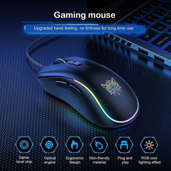 Gamingmus, datamaskinmus, USB, stasjonær PC, spillmus, kablet, RGB-bakgrunnsbelysning
