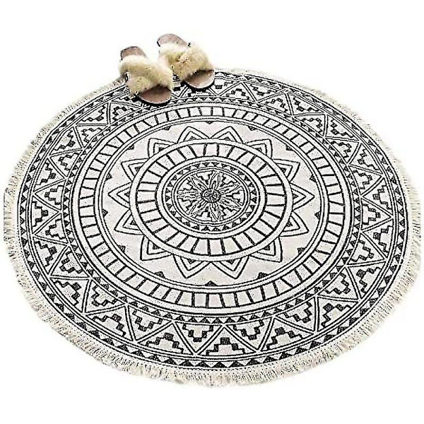 Runde tepper, sirkulære tepper, stripete, sklisikre, håndvevde, lettstelte bomullstepper med et bohemsk mandala-mønster 90cm