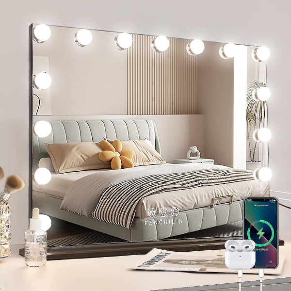 (endast glödlampor) Hollywood Mirror USB Makeup Med lampor tända 10 lampor 3 ljuslägen Bordsskiva Väggmonterad Sminkspegel