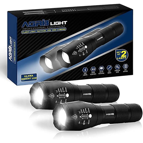 Ultrakraftig 1000 Lumens LED-lommelygte [pakke med 2] - Zoom med lang rækkevidde, 5 tilstande, stødsikker og vandtæt (ip65) - Taktisk lommelygte til di