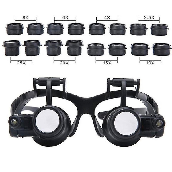 Iført doble briller Led-lys Smykkeklokkereparasjon Høyt forstørrelsesglass med 16 linser