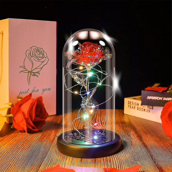 Beauty And The Beast Rose Lamp In The Glass Dome, Eternal Rose Artificial Flower With Led Light, Gift For Women Girl For Birthday Valentine's Day Moth